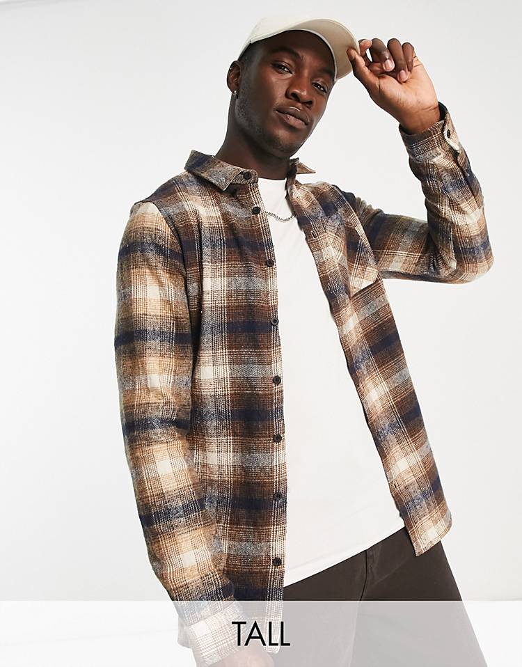 Threadbare Tall plaid shirt in brown and navy